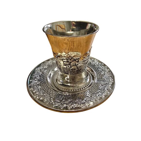 Vintage Karshi Silver Tone Jerusalem Kiddush Cup Goblet / Saucer - Picture 1 of 9